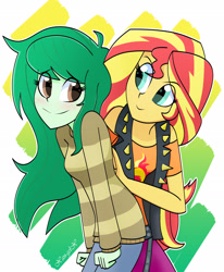 Size: 1718x2080 | Tagged: safe, artist:xan-gelx, sunset shimmer, wallflower blush, better together, equestria girls, forgotten friendship, abstract background, blushing, duo, duo female, female, lesbian, petting, shipping, simple background, smiling, wallset, white background