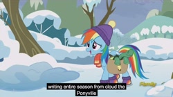 Size: 2560x1430 | Tagged: safe, derpibooru import, screencap, rainbow dash, tank, pegasus, pony, tanks for the memories, meme, outdoors, snow, winter, winter outfit, youtube caption