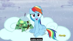 Size: 2560x1433 | Tagged: safe, derpibooru import, screencap, rainbow dash, tank, pegasus, pony, tanks for the memories, cloud, cloudy, meme, youtube caption