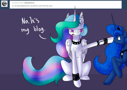 Size: 1280x913 | Tagged: safe, artist:vincher, princess celestia, princess luna, alicorn, pony, ask white alicorn, boop, bracelet, choker, ear piercing, earring, frown, piercing, raised eyebrow, raised hoof, sitting, spiked choker, unamused, wide eyes