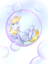 Size: 1200x1600 | Tagged: safe, artist:wolfchen999, derpy hooves, pegasus, pony, :o, bubble, cute, derpabetes, female, floating, in bubble, mare, open mouth, simple background, solo, spread wings, white background, wings