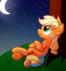 Size: 843x904 | Tagged: safe, artist:zoiby, applejack, earth pony, pony, crescent moon, moon, night, relaxing, solo, starry night, stars, transparent moon, tree