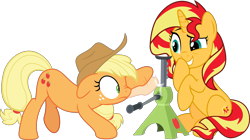 Size: 7045x3944 | Tagged: safe, artist:jhayarr23, applejack, sunset shimmer, pony, driving miss shimmer, driving miss shimmer: applejack, equestria girls, equestria girls series, apple jack (tool), equestria girls ponified, female, mare, ponified, pun, self ponidox, simple background, transparent background, vector, visual pun