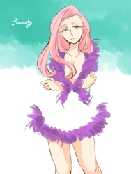 Size: 750x1000 | Tagged: safe, artist:wan, fluttershy, human, breasts, female, hootershy, humanized, solo, spa robe