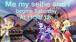 Size: 2022x1129 | Tagged: safe, artist:php77, editor:php77, applejack, rarity, sci-twi, sunset shimmer, twilight sparkle, vignette valencia, better together, equestria girls, rollercoaster of friendship, california adventure, disneyland, me my selfie and i, ponied up, scitwilicorn, super ponied up