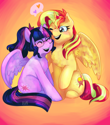 Size: 5008x5699 | Tagged: safe, artist:nichroniclesvsart, sci-twi, sunset shimmer, twilight sparkle, twilight sparkle (alicorn), alicorn, pony, series:princess sciset, absurd resolution, alicornified, equestria girls ponified, female, glasses, heart, lesbian, ponified, race swap, scitwilicorn, scitwishimmer, shimmercorn, shipping, sunsetsparkle
