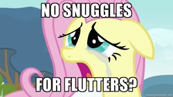 Size: 994x559 | Tagged: safe, screencap, fluttershy, pegasus, pony, crying, image macro, imma snuggle you, meme, snuggling