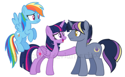 Size: 1263x778 | Tagged: safe, artist:ipandacakes, derpibooru import, rainbow dash, twilight sparkle, twilight sparkle (alicorn), oc, oc:sigil eclipse, alicorn, pegasus, pony, offspring, parent:night light, parent:twilight velvet, parents:nightvelvet, simple background, transparent background