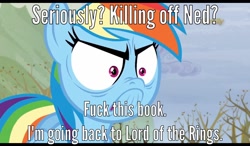 Size: 1024x600 | Tagged: safe, derpibooru import, edit, edited screencap, screencap, rainbow dash, pegasus, pony, tanks for the memories, a song of ice and fire, caption, do i look angry, game of thrones, image macro, meme, obligatory pony, slowpoke, vulgar