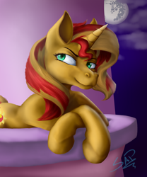 Size: 1000x1200 | Tagged: safe, artist:cuervo-of-cristal, sunset shimmer, pony, unicorn, balcony, cloud, crossed hooves, female, full moon, mare in the moon, moon, night, solo