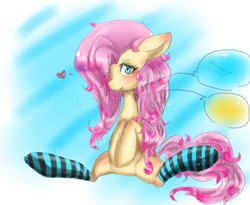 Size: 1264x1038 | Tagged: safe, artist:glaceon803, fluttershy, pinkie pie, earth pony, pony, balloon, clothes, fusion, socks, solo, striped socks