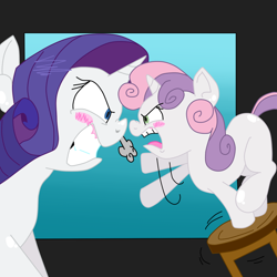 Size: 1000x1000 | Tagged: safe, artist:krazykari, artist:purple-yoshi-draws, rarity, sweetie belle, pony, unicorn, sisterhooves social, angry, fight, marshmelodrama