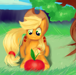 Size: 703x694 | Tagged: safe, artist:pwn-ee, applejack, earth pony, pony, apple, grass, prone, solo