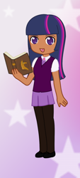 Size: 398x878 | Tagged: artist needed, safe, derpibooru import, twilight sparkle, human, book, humanized, moderate dark skin, solo