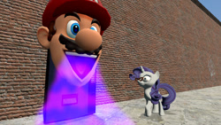 Size: 1024x576 | Tagged: safe, artist:dragonboi471, rarity, pony, unicorn, 3d, gmod, imma bet you can't do this, mario, mario's head, smg4, super mario bros., vending machine, wat, wide eyes, wtf