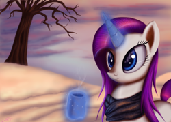 Size: 2951x2112 | Tagged: safe, artist:jeki, rarity, pony, unicorn, clothes, magic, mug, scarf, snow, solo, telekinesis