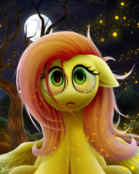 Size: 2000x2500 | Tagged: safe, artist:symbianl, fluttershy, pegasus, pony, crying, fire, floppy ears, reflection, sad, scared, sitting, solo