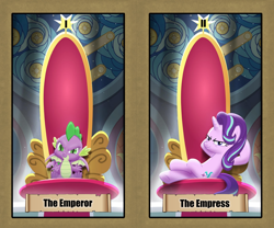 Size: 1070x889 | Tagged: safe, spike, starlight glimmer, dragon, pony, unicorn, female, implied shipping, implied sparlight, major arcana, male, s9 throne series, tarot card, text, throne, winged spike