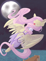 Size: 6000x8000 | Tagged: safe, artist:elskafox, fluttershy, pegasus, pony, absurd resolution, clothes, flying, moon, night, singing, solo