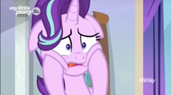 Size: 1875x1046 | Tagged: safe, screencap, starlight glimmer, pony, unicorn, the beginning of the end, cheek squish, discovery family logo, female, floppy ears, mare, solo, squishy cheeks