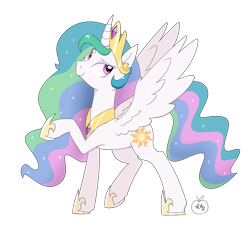 Size: 1894x1729 | Tagged: safe, artist:notenoughapples, princess celestia, alicorn, pony, crown, female, horn, mare, multicolored mane, multicolored tail, solo, white coat, white wings, wings