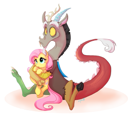 Size: 1067x1030 | Tagged: safe, artist:c-puff, discord, fluttershy, draconequus, pegasus, pony, cute, discoshy, discute, female, frown, holding, holding a pony, hug, male, mare, shipping, shyabetes, signature, simple background, sitting, straight, white background