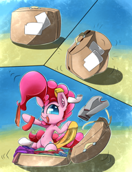 Size: 1024x1331 | Tagged: safe, artist:madacon, pinkie pie, earth pony, pony, belly button, briefcase, solo