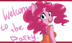 Size: 4000x2384 | Tagged: safe, artist:yukomaussi, pinkie pie, anthro, clothes, female, pink hair, pink skin, smiling, solo