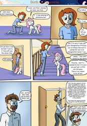 Size: 1280x1853 | Tagged: safe, artist:shieltar, princess celestia, oc, oc:grace harmony, oc:professor harmony, human, comic:birth of equestria, cewestia, comic, cute, dialogue, female, filly, misspelling, pink-mane celestia