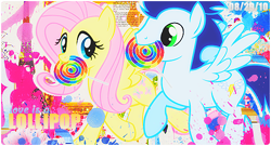 Size: 500x270 | Tagged: safe, artist:isweetpie, fluttershy, soarin', pegasus, pony, design, female, lollipop, male, shipping, soarinshy, straight, vector, walking