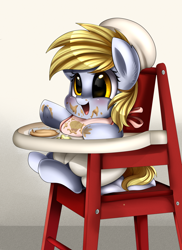 Size: 2550x3509 | Tagged: safe, artist:pridark, derpy hooves, pegasus, pony, baby, baby pony, commission, cute, derpabetes, hnnng, messy eating, open mouth, smiling, solo, younger