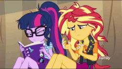Size: 640x362 | Tagged: safe, screencap, sci-twi, sunset shimmer, twilight sparkle, better together, equestria girls, rollercoaster of friendship, angry, animated, bandage, book, clothes, gem, glasses, jacket, messy hair