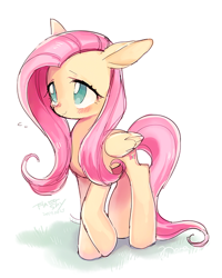 Size: 480x600 | Tagged: safe, artist:nora1211, fluttershy, pegasus, pony, blushing, cute, female, mare, no pupils, shyabetes, simple background, smiling, solo, white background