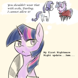 Size: 1000x1000 | Tagged: safe, artist:thattagen, derpibooru import, rarity, twilight sparkle, pony, unicorn, clothes, costume, dialogue, nightmare night, pocky, pointy ponies, sekibanki, socks, sockypockytwi, striped socks, touhou