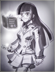 Size: 1492x1928 | Tagged: safe, artist:ruhisu, derpibooru import, twilight sparkle, human, book, clothes, cutie mark, earring, glasses, history, humanized, magic, manga, moon, skirt, solo, student, sun, uniform