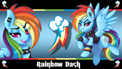 Size: 3840x2160 | Tagged: safe, artist:ciderpunk, derpibooru import, rainbow dash, pegasus, pony, alternate hairstyle, bracelet, choker, clothes, ear piercing, earring, jewelry, looking at you, makeup, piercing, punk, shirt, wallpaper