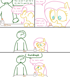 Size: 797x875 | Tagged: safe, artist:the weaver, fluttershy, oc, oc:anon, human, pony, blatant lies, comic, crutches, dialogue, eyes closed, female, glue, innocent, lying, mare, open mouth, painfully innocent fluttershy, simple background, sweat, sweatdrop, weaver you magnificent bastard, white background