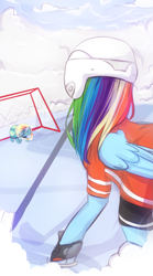 Size: 1069x1920 | Tagged: safe, artist:beaty, derpibooru import, rainbow dash, tank, pegasus, pony, tanks for the memories, clothes, helmet, hockey stick, skates, sleeping