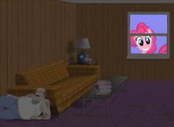 Size: 687x500 | Tagged: safe, pinkie pie, earth pony, pony, aqua teen hunger force, carl brutananadilewski, hiding, sofa, table, window