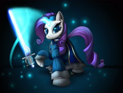 Size: 2859x2160 | Tagged: safe, artist:swordflash4, rarity, pony, unicorn, clothes, glow, looking at you, macroschism, magic, raised hoof, solo, sword, telekinesis, weapon