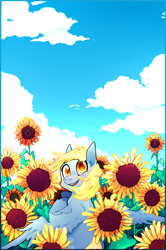 Size: 2058x3102 | Tagged: safe, artist:foxda, derpy hooves, pegasus, pony, colored pupils, female, flower, happy, looking up, mare, sky, smiling, solo, sunflower