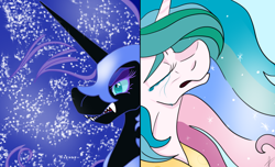 Size: 1912x1165 | Tagged: safe, artist:the-fox-lord, nightmare moon, princess celestia, alicorn, pony, crying, eyes closed, growling