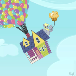 Size: 800x800 | Tagged: safe, artist:pink-pone, derpy hooves, pegasus, pony, balloon, disney, house, pixar, solo, up