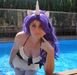 Size: 1024x995 | Tagged: safe, artist:mikanchan, rarity, human, bikini, cleavage, clothes, cosplay, costume, female, irl, irl human, photo, solo, swimming pool, swimsuit