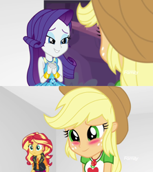 Size: 1280x1440 | Tagged: safe, screencap, applejack, rarity, sunset shimmer, better together, equestria girls, rollercoaster of friendship, blushing, geode of empathy, geode of super strength, shipping fuel, smiling