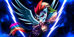 Size: 4800x2400 | Tagged: safe, artist:darksly, derpibooru import, rainbow dash, zapp, pegasus, pony, amulet, electric dash, female, jewelry, lightning, mare, mouth hold, power ponies, solo, spread wings, wings