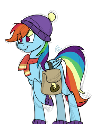 Size: 587x736 | Tagged: safe, artist:chibadeer, derpibooru import, rainbow dash, pegasus, pony, tanks for the memories, clothes, hat, raised hoof, saddle bag, scarf, simple background, solo