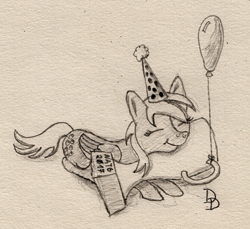 Size: 1600x1467 | Tagged: safe, artist:darkdabula, derpy hooves, pony, atg 2017, balloon, eyes closed, hat, monochrome, newbie artist training grounds, party hat, solo, traditional art, trophy