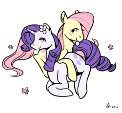 Size: 1280x1189 | Tagged: safe, artist:rwl, fluttershy, rarity, pegasus, pony, unicorn, female, flarity, flower, flower in hair, lesbian, shipping, simple background