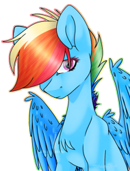 Size: 758x999 | Tagged: safe, artist:sketchykohaidraws, derpibooru import, rainbow dash, pegasus, pony, alternate hairstyle, chest fluff, female, hair over one eye, looking at you, mare, simple background, solo, transparent background